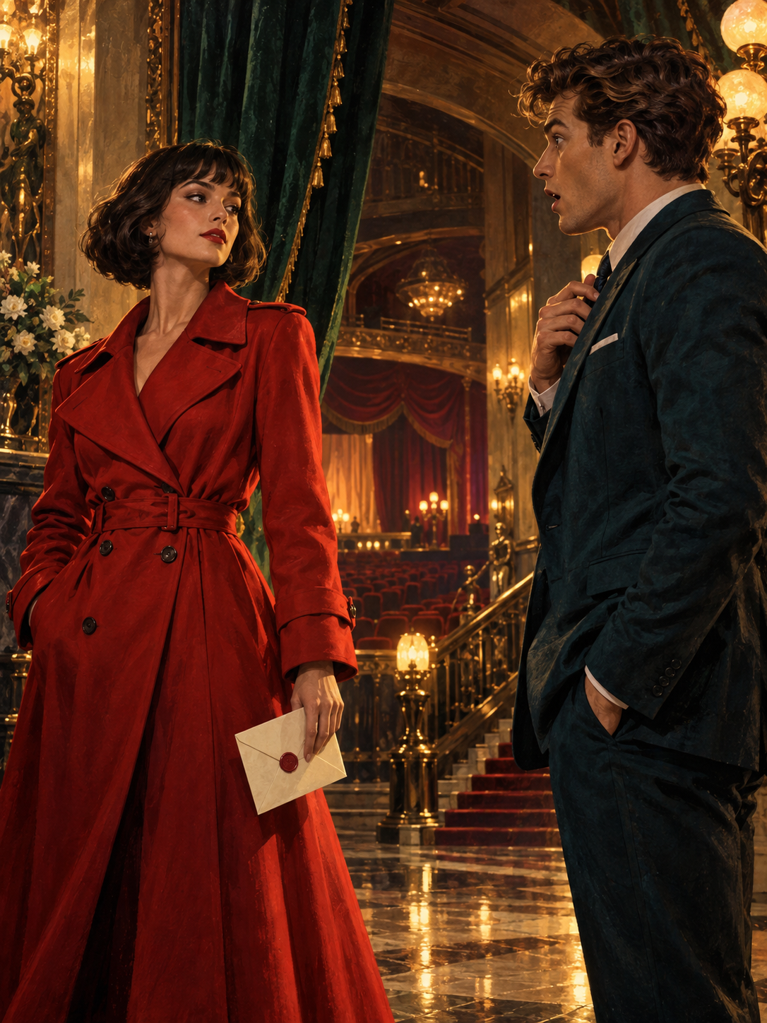 Hidden Identity - Dramatic encounter in a vintage theater foyer