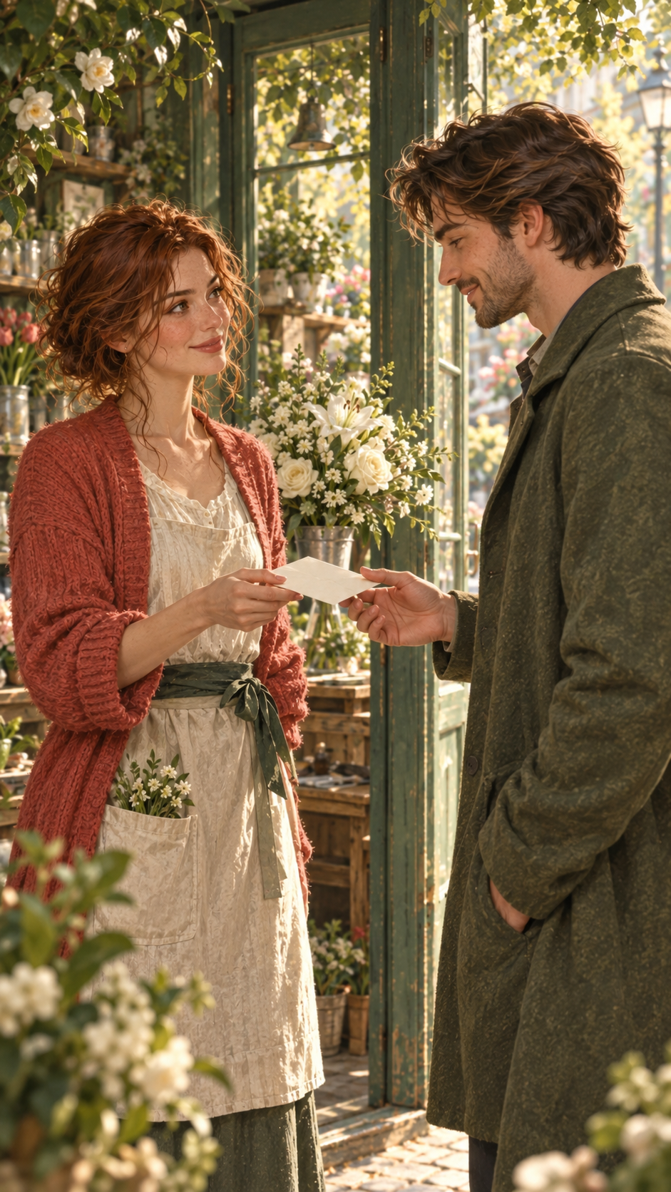Clara hands Oliver a thank-you envelope in the flower-shop doorway